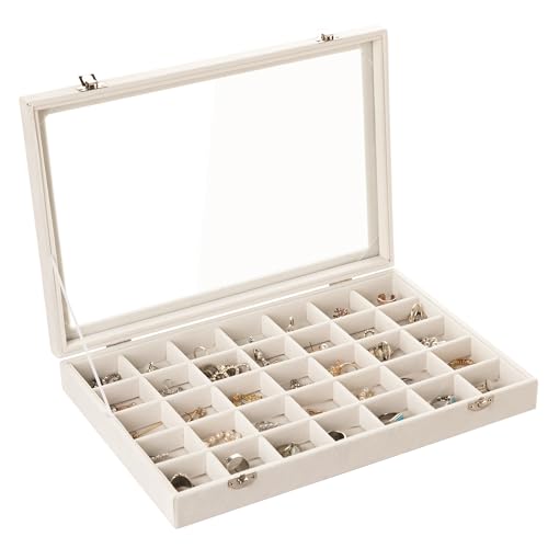 Frebeauty Velvet Jewelry Tray,35 Grid Jewelry Organizer with Clear Lid,Earring Holder Organizer Case with Clasp,Drawer Ins...