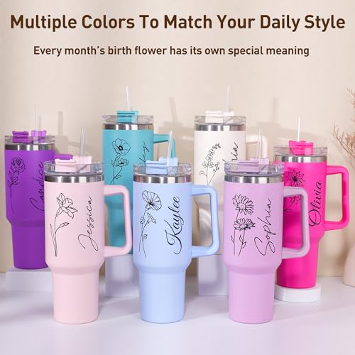 Elemtansy Personalized 40 Oz Tumbler with Handle and Straw, Custom Cup with Name & Birth Flower, Stainless Steel Travel Co...