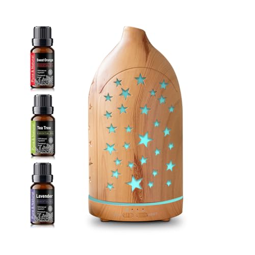 Essential Oil Diffuser,7.1''x3.5'' Diffusers with 3 Aromatherapy Oils Set,Small 200ml Desk Humidifier with 7 LED Colors Ni...