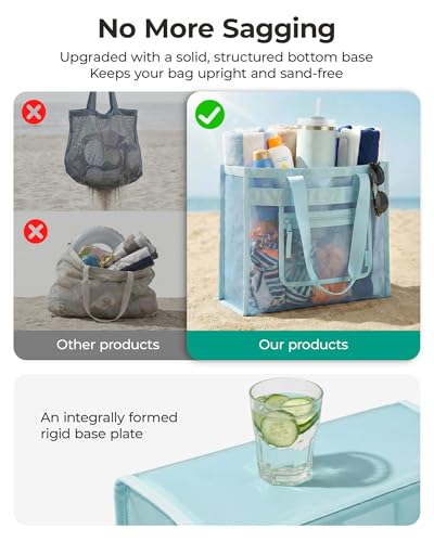 BAGSMART Mesh Beach Bag with Zipper Pocket, Large Beach Tote Bags for Women | for 40 oz Bottle, Removable Ribbon Bow, Sand...