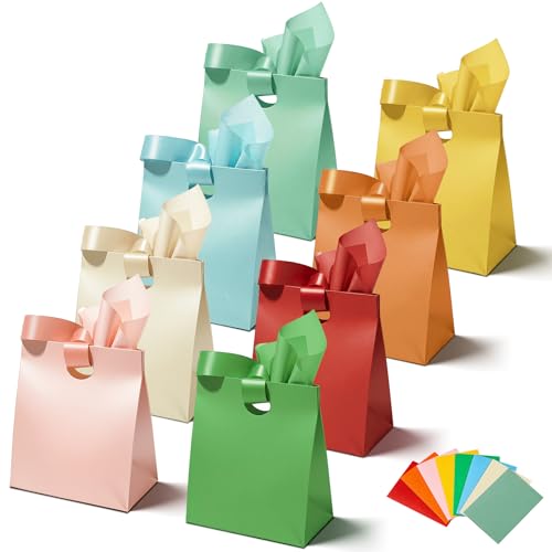 Paper Gift Bags with Ribbon Handles: 8 Pack Small Gift Bags, 8 Assorted Colors Bulk with 16 Tissue Paper, Reusable & Durab...