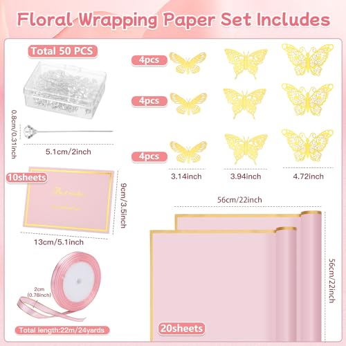 woric 93 Pcs Flower Bouquet Wrapping Paper Kits, 20 Sheets Waterproof Floral Wrapping Paper 10 Greeting Cards 12 Butterfly...