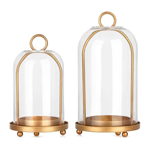Vintage Brass Metal Candle Lantern with Thick Glass Dome – Set of 2 Shabby Chic Style Candle Holders (5.25"x10" & 4.5"x7.8...