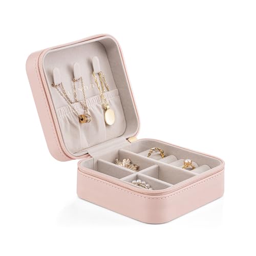 VLANDO Small Faux Leather Travel Jewelry Box Organizer Display Storage Case for Rings Earrings Necklace, Pink