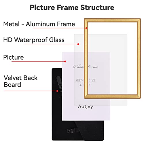 Autjvy 3.5x5 Picture Frame Matte Gold Modern Simple Thin Aluminum Metal Photo Frame with HD Real Glass, Display for Tablet...