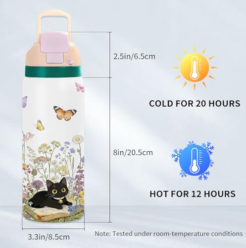NIWPKDCE Cat 32oz Water Bottle Gift for Cat Lover, Flower Stainless Steel Insulated Tumbler with Handle & 2-in-1 Leak Proo...