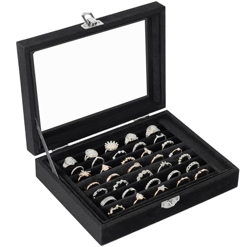 Jutieuo Velvet Ring Organizer Box, 7 Slots Jewelry Holder with Glass Lid Earring Display Tray Storage Case Gift for Women ...