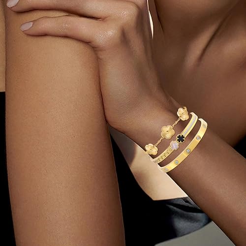 Camhanno 5pcs Gold Stackable Bracelet Set for Women - Stainless Steel Non-Tarnish Clover Lucky Charm Jewelry, Trendy Gift ...