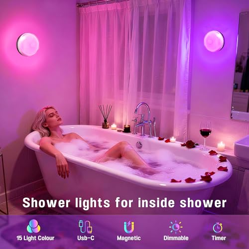 Loscarol Rechargeable Shower Lights with Remote, 15 RGBW Color Changeable Shower Lamp Waterproof, Dimmable ＆Timer Ceiling ...