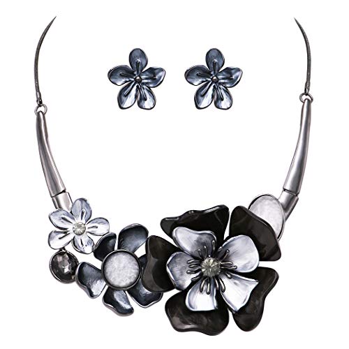 Rosemarie & Jubalee Women's Stunning Enamel and Lucite 3D Flower Collar Necklace and Earrings Jewelry Gift Set, 14"+3.5" E...