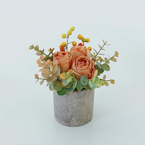 Rosscer Small Artificial Burnt Orange Rose Potted Plant, 6" Fake Silk Flowers in 3" Cylindrical Pot, Mini Faux Floral Arra...