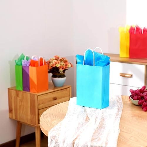 SUNCOLOR Rainbow Gift Bags with Tissue Paper, 24 Pack Small Paper Party Bags, 7.9 x 5.12 x 3.15 Inches, 6 Colors with Hand...