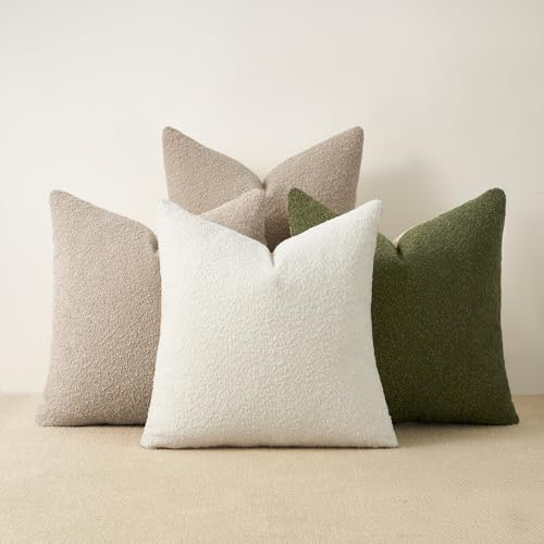 Topfinel Green Boucle Pillow Covers with Linen Cotton Accent Back Contrast Color Neutral Green Modern Earth-Tone Decorativ...
