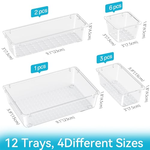 ElegantArray 12 PCS Drawer Organizer Set, 4 Sizes Tool Storage Trays, Clear Plastic Makeup Vanity Organizer and Storage Bi...