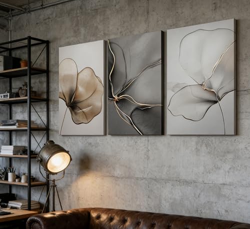Abstract Floral Canvas Wall Art - Minimalist Gold Line Petal Picture Wall Decor - Modern Neutral Botanical Print Artwork f...