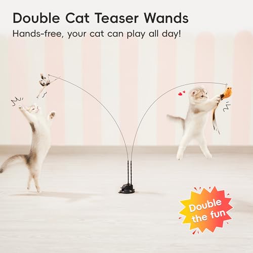 Potaroma Suction Cup Cat Wand Toys, Dual-Wand Interactive Kitten Toy for Indoor Cats with 5 Pcs Feathers Balls Attachment...