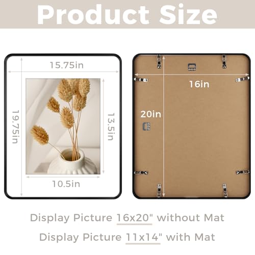 Golden State Art 16x20 Aluminum Picture Frame Black - With Mat for 11x14 Photo or Without Mat for Round Edges 16 x 20 Phot...