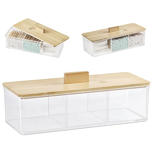 ZEXALOR Clear Bathroom Dresser Organizer - Cotton Ball Swab Holder with 3 Divided Compartments&Lid, Waterproof Transparent...