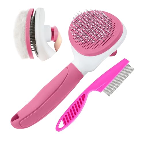 Cat Brushes for Indoor Cats, Dog Brush for Shedding with Metal Cat Comb, Self Cleaning Pet Hair Brush with Release Button ...