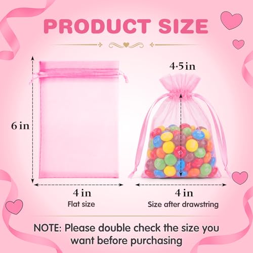 ANZNKU Pink Organza Bags 4 x 6 in 50PCS, Small Gift Bags for Goodie Candy Jewelry Soap Packaging, Cute Little Mesh Bag Dra...