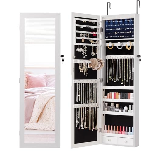 DUMOS 6 LEDs Mirror Jewelry Cabinet, Wall or Door Mounted Jewelry Organizer, 47.2-Inch Tall Lockable Large Capacity Cosmet...