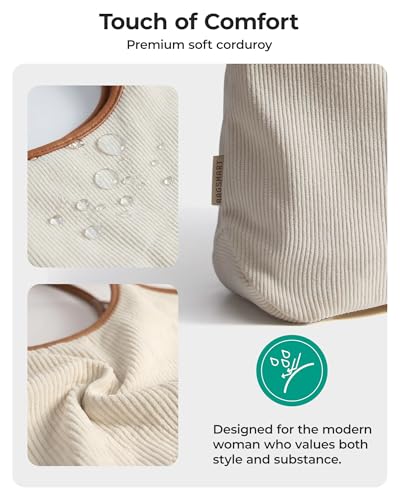 BAGSMRT Corduroy Tote Bag for Women with PU Leather Handles, Casual Shoulder Bag with Zipper Handbag for Travel Work