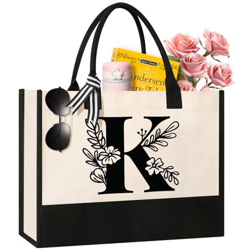 Tecanne Personalized Initial Canvas Tote Bag, Suitable for Birthday, Wedding, Beach, Holiday, Gifts for Women, Mom, Teache...