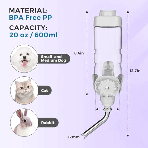 Vannon Dog Water Dispenser for Cage, 20oz Auto Feeding Crate Water Bottle for Dogs, Cats & Rabbits, Pet Nozzle Diameter: 1...