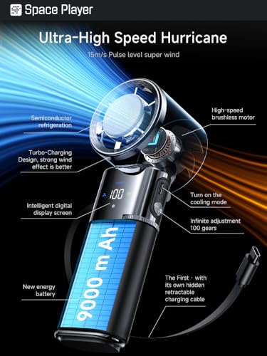 SP Space Player Portable Handheld Turbo Fan with Ice Cooling, 9000mAh Rechargeable Personal Fan, 100-Speed Wind, Built-in ...