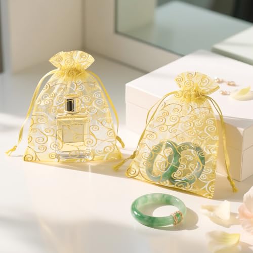 joycraft 50Pcs Organza Gift Bags - 5x7 In Gold Mesh Gift Drawstring Bags, Organza Party Favor Pouch for Valentine's Day, W...