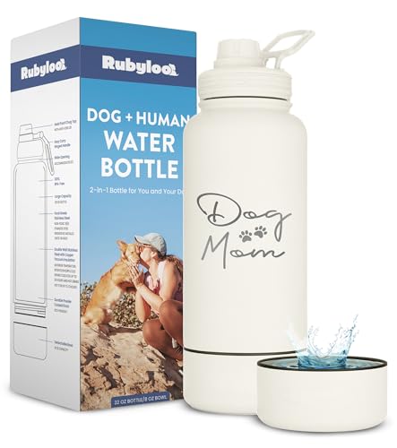 Dog Mom Water Bottle - 32 oz Stainless Steel Double Wall Insulated with 8 oz Detachable Bowl on Bottom - Cool Dog Mom Gift...