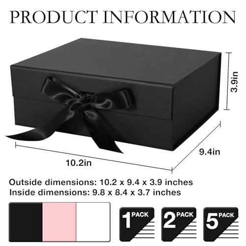 LFBOX Black Gift Box with Ribbon Magnetic Lids 10.2x9x3.74 in, Bridesmaid Groomsman Proposal Boxes, Wedding Graduation Sto...