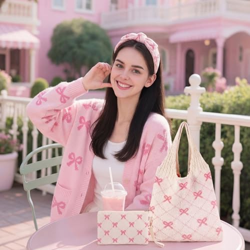 Sanwuta 2 Pcs Pink Bow Crochet Tote Bag Beach Bow Mesh Knitted Shoulder Bag Coquette Aesthetic Bohemian Bags for Women