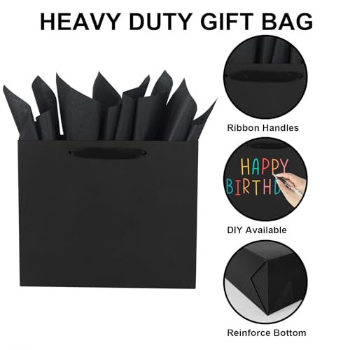 Elegant Black Gift Bag 11.8"x4.5"x9.8" with Ribbon Handles, Includes Card and Tissue Papers, Perfect for Birthdays, Weddin...