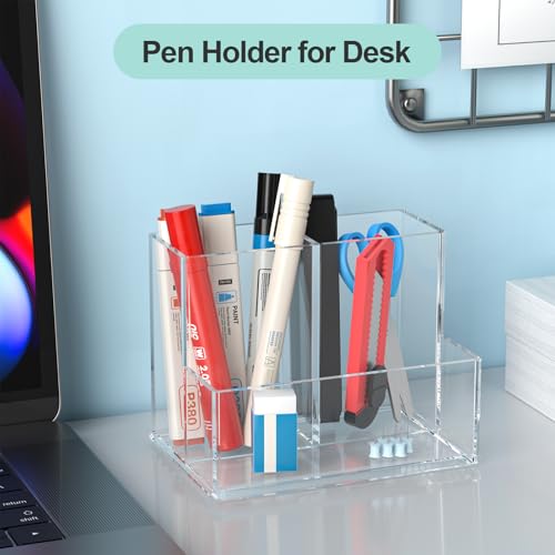 runzoos Clear Pen Holder for Desk, Small Acrylic Pencil Holder, Compact Makeup Brush Holder Organizer for Vanity, Pen Penc...