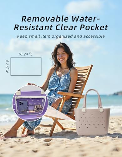 Eamoment Beach Bag - Large Sandproof Rubber Tote with Waterproof Pocket for Travel & Pool – 18.5" L x 9.45" W x 13.39" H
