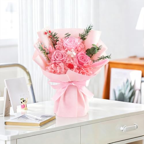Gnifot Preserved Flowers Bouquet, Flowers for Delivery,Handmade Pink Rose Bouquets Lasting 3-5 Years, Luxury Gift Box,Birt...