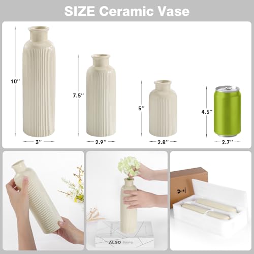 Small Beige Ceramic Vase Set of 3, Boho Modern Beige Flower Vase Room Decor, Farmhouse Decor, Vases for Your Kitchen, Bath...