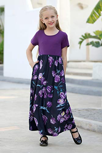 GORLYA Girl's Short Sleeve Patchwork Floral Print Loose Casual Long Maxi Dress with Pockets for 4-12 Years Kids