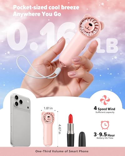 Funaudio Mini Handheld Fan with Bear Ears, Small Portable Fan, Lightweight Personal Fan, 4 Speeds, USB-C Rechargeable Pock...