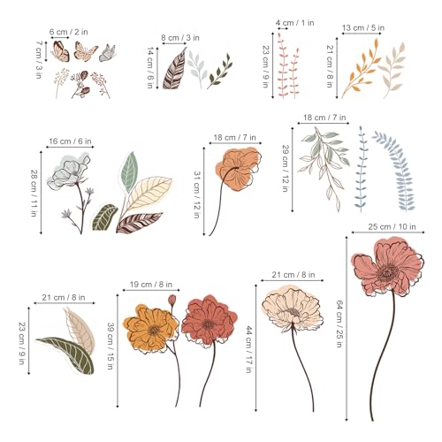 wondever Boho Flower Wall Stickers Wildflower Floral Grass Peel and Stick Wall Art Decals for Living Room Bedroom TV Wall