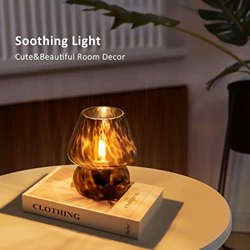 ONEWISH Mushroom Lamp Small Vintage Table Lamp for Bedroom Nightstand, Bedside Lamp Translucent Glass Stepless Dimmable, M...