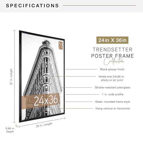 MCS Trendsetter 24x36 Poster Frame Black High-Gloss, Vertical & Horizontal Wall Hanging Large Picture Frame for Photos, Po...
