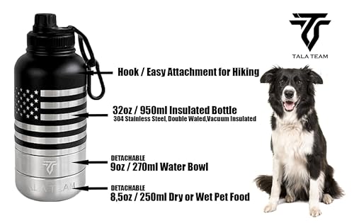 TALA TEAM Insulated Dog Water Bottle Portable (32oz) - Dog Travel Water Bottle with a Hook for Hiking & 2 Bowls Attached. ...