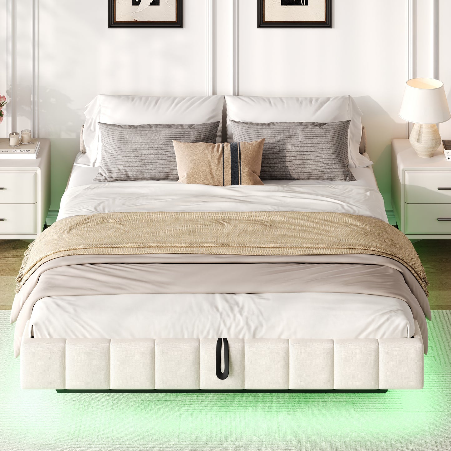 4ft6 Double Floating Bed Frame With Hydraulic Under-bed Storage & Smart RGB LED Lights, No Headboard Upholstered Bed With Concealed Anti-Collision Leg, Linen Fabric, Beige  No Mattress