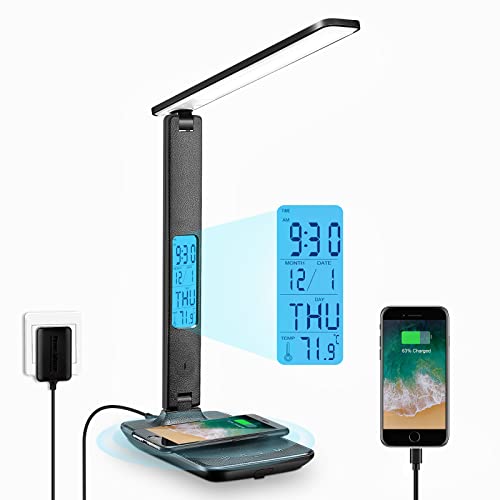 LAOPAO Desk Lamp with Wireless Charger: USB Charging Port, Table Lamp with Clock, Desk Lamps for Home Office College Dorm ...