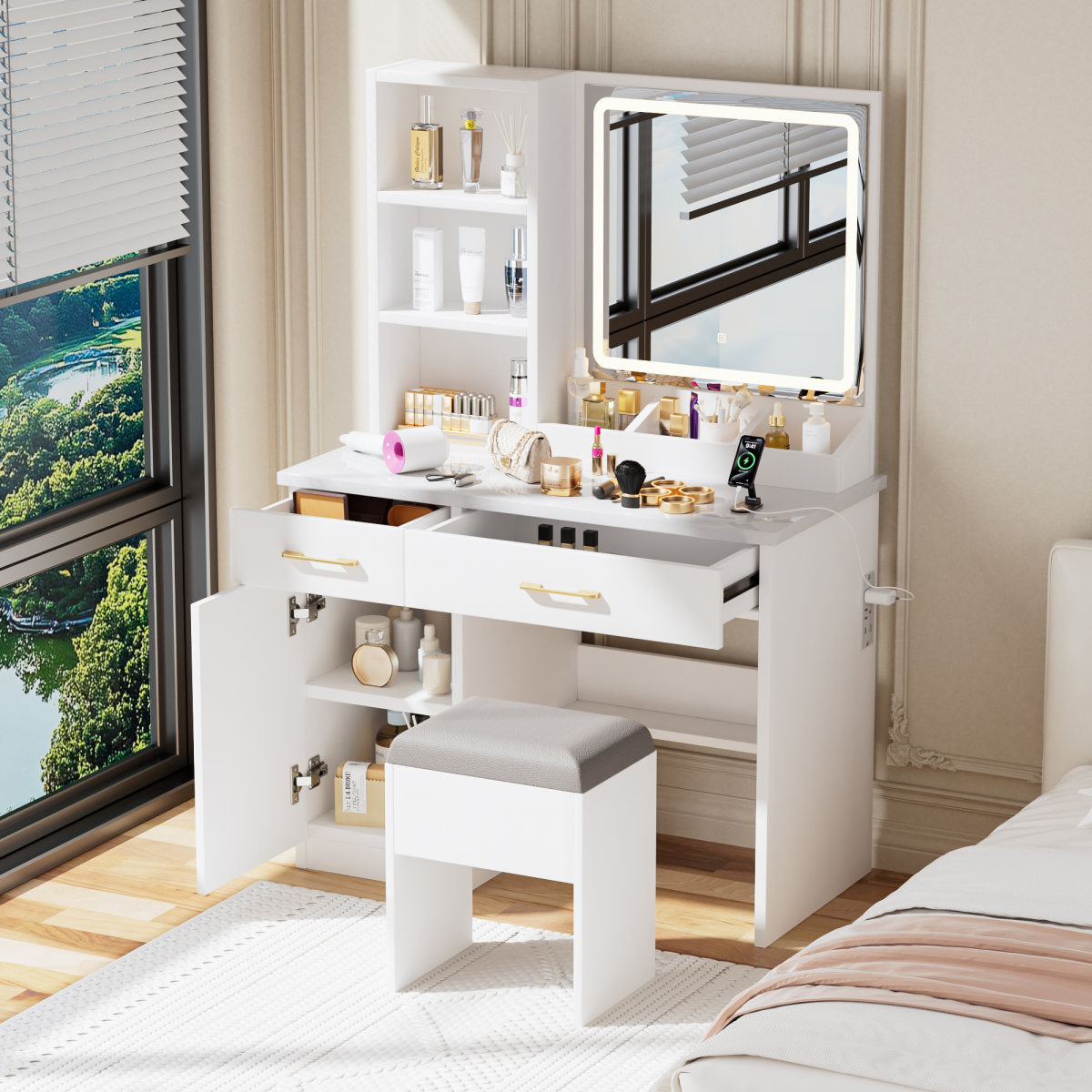 Makeup Vanity Desk With Mirror And Lights, White Vanity Table With Power Outlet And 3 Lighting Modes, Dressing Table Set With Cabinet Drawers Shelves And Storage Stool For Bedroom