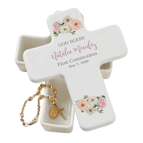 Personalization Universe Pink Floral First Communion Keepsake Box, Personalized Ceramic Prayer Box, First Communion Gifts ...