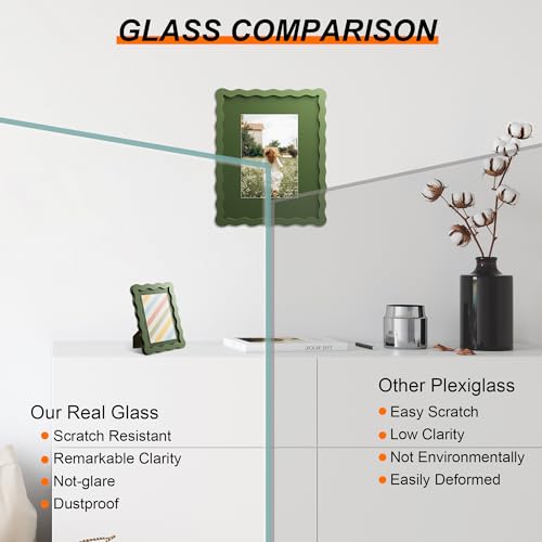 THKRLOF 4x6 Picture Frame with Mat for 3.5x5, Wavy Edge Wooden Real Glass Photo Frame for Tabletop and Wall Hanging, Gree...