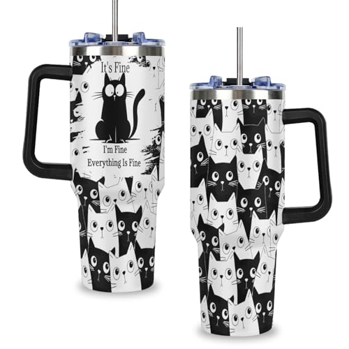 OMFUNS 40 oz Insulated Tumbler with Handle - Funny Black Cat Stainless Steel Metal Water Bottle with Lid and Straw, Everyt...